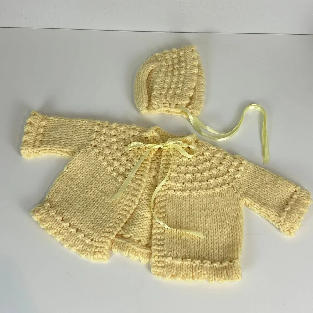 Vintage Handmade Knit Baby Doll Yellow Sweater & Bonnet Set 70s